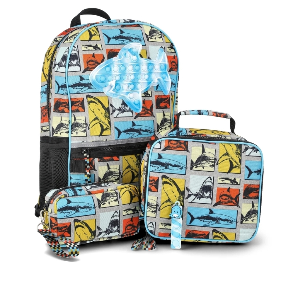 Wonder Nation Boys Colorblock Sharks 17" Laptop Backpack and Lunch Bag Set, 4-Pc